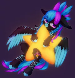 Size: 1977x2064 | Tagged: safe, artist:astralblues, derpibooru import, oc, oc:will-o'-wish, hybrid, pegasus, zebra, cutie mark, ear fluff, eyeshadow, fluffy, hair, hair bun, holding, hoof fluff, hugging a pillow, image, jpeg, makeup, pigtails, purple eyes, solo, star pillow, stripes, tail, wing fluff, wings