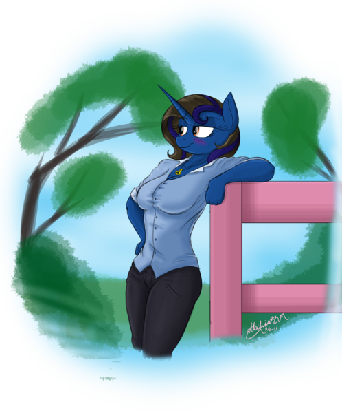 Size: 1600x1926 | Tagged: safe, artist:alexlive97, derpibooru import, oc, oc:alyx live, unofficial characters only, anthro, unicorn, 2016, bedroom eyes, blushing, buttons, chillaxing, clothes, confident, curvy, female, fence, hand on hip, horn, image, jeans, jewelry, necklace, pants, png, relaxing, rule 63, simple background, solo, standing, transparent background, unicorn oc