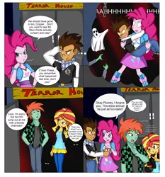 Size: 5578x5988 | Tagged: safe, artist:sodaska, derpibooru import, pinkie pie, sunset shimmer, oc, oc:copper plume, oc:ruby sword, equestria girls, argument, bridal carry, canon x oc, carrying, copperpie, eating, fear, female, flashback, food, frightened, halloween, haunted house, holiday, image, implied violence, looking at each other, male, offscreen violence, png, popcorn, pouting, scared, scolding, screaming, shipping, straight, sunsword