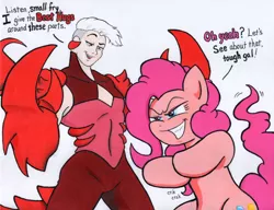 Size: 1000x766 | Tagged: safe, artist:aliciavanhammer, derpibooru import, pinkie pie, earth pony, pony, claws, crossover, dialogue, female, image, jpeg, mare, scorpia, she-ra and the princesses of power, this will end in hugs, this will end in pain and/or hugs