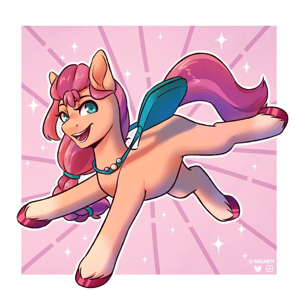 Size: 2000x2000 | Tagged: safe, artist:ak4neh, derpibooru import, sunny starscout, earth pony, pony, abstract background, badge, bag, braid, female, g5, high res, image, jpeg, looking at you, mare, open mouth, solo, unshorn fetlocks