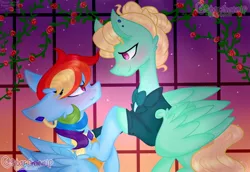 Size: 1280x880 | Tagged: safe, artist:starchan56, derpibooru import, rainbow dash, zephyr breeze, pegasus, pony, blushing, clothes, dancing, dress, ear fluff, ear piercing, earring, female, flower, gala dress, image, jewelry, jpeg, male, mare, piercing, rose, shipping, stallion, straight, suit, tsunderainbow, tsundere, zephdash