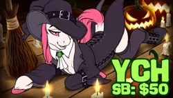 Size: 1280x725 | Tagged: safe, artist:wwredgrave, derpibooru import, pony, advertisement, boots, candle, clothes, collar, commission, corset, costume, fire, halloween, halloween costume, hat, holiday, hooves, image, jack-o-lantern, jacket, jpeg, leather, leather boots, leather jacket, lies, light, looking at you, pumpkin, shoes, solo, witch, witch costume, witch hat, ych sketch, your character here
