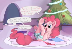 Size: 1556x1078 | Tagged: suggestive, artist:dotkwa, derpibooru import, pinkie pie, christmas, christmas tree, dialogue, digital art, gift wrapped, holiday, image, implied rarity, jpeg, ribbon, speech bubble, tree, wrapped up