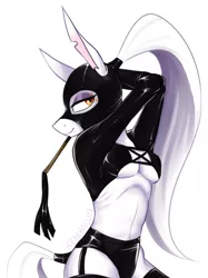 Size: 854x1140 | Tagged: suggestive, artist:redxbacon, derpibooru import, oc, oc:rubber bunny, anthro, breasts, clothes, female, garter belt, gloves, hood, image, jpeg, latex, latex boots, latex gloves, latex suit, mask, skinny, tail wrap, underboob, whip
