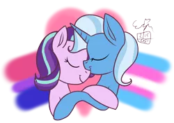 Size: 1452x1022 | Tagged: safe, artist:erenerakhard, derpibooru import, starlight glimmer, trixie, pony, unicorn, bisexual pride flag, digital art, female, hug, image, lesbian, nuzzling, png, pride, pride flag, shipping, startrix, trans trixie, transgender, transgender pride flag