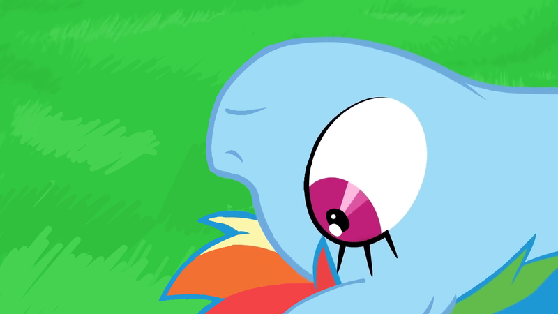 Size: 1280x720 | Tagged: safe, artist:misterdavey, derpibooru import, edit, editor:crossovercartoons, rainbow dash, pegasus, pony, smile hd, grass, grimdark source, head, image, lying down, moments before disaster, no blood, on back, png, sfw edit, solo, this will end in death, wide eyes