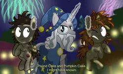 Size: 3000x1811 | Tagged: safe, artist:aleximusprime, derpibooru import, pound cake, pumpkin cake, star swirl the bearded, pegasus, unicorn, ear pull, fireworks, glowing horn, horn, image, lord of the rings, messy mane, png, subtitles, this will end in grounding