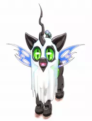 Size: 1560x2048 | Tagged: safe, artist:oddwarg, derpibooru import, queen chrysalis, changeling, changeling queen, ghost, pony, undead, bedsheet ghost, clothes, costume, cute, cutealis, female, green eyes, halloween, holiday, horn, image, jpeg, mare, nightmare night, quadrupedal, simple background, smiling at you, solo, trick or treat, white background, wings
