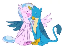 Size: 1280x932 | Tagged: safe, artist:chub-wub, derpibooru import, gallus, silverstream, classical hippogriff, gryphon, hippogriff, blushing, colored hooves, cuddling, cute, diastreamies, female, gallabetes, gallstream, hug, image, interspecies, jewelry, jpeg, male, necklace, nuzzling, shipping, simple background, straight, white background, winghug