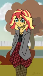 Size: 1440x2560 | Tagged: safe, artist:iamsheila, derpibooru import, sunset shimmer, equestria girls, alternate hairstyle, autumn, clothes, cute, fashion, fashion style, image, png, shimmerbetes, short hair, solo, toy, tree