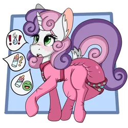 Size: 2000x2000 | Tagged: suggestive, artist:cuddlelamb, derpibooru import, sweetie belle, pony, unicorn, adult foal, baby bottle, blushing, clothes, diaper, diaper fetish, female, fetish, foal bottle, footed sleeper, footie pajamas, image, non-baby in diaper, onesie, pacifier, pajamas, png, poofy diaper, simple background, solo