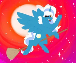 Size: 1280x1067 | Tagged: safe, artist:oneiriceye, derpibooru import, oc, oc:fleurbelle, unofficial characters only, alicorn, pony, alicorn oc, bow, broom, female, flying, flying broomstick, hair bow, horn, image, jpeg, mare, moon, one eye closed, sky, solo, stars, waving, wings, yellow eyes