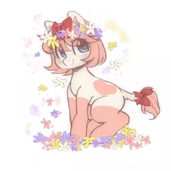 Size: 1600x1600 | Tagged: safe, artist:angelbeat-drift, derpibooru import, oc, oc:iwa, cow, cow pony, pony, blushing, bow, derpibooru exclusive, female, floral head wreath, flower, hair bow, horn, image, mare, png, simple background, sitting, smiling, smiling at you, tail bow
