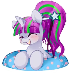 Size: 1100x1157 | Tagged: safe, artist:loyaldis, derpibooru import, oc, oc:zippi, unofficial characters only, pony, unicorn, chest fluff, commission, cute, eyes closed, female, filly, image, inner tube, png, simple background, smiling, solo, transparent background, wet, wet mane, ych result