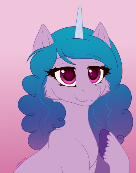 Size: 2364x3008 | Tagged: safe, artist:starshade, derpibooru import, izzy moonbow, pony, unicorn, bust, cheek fluff, cute, female, g5, gradient background, heart, heart eyes, image, izzybetes, png, smiling, solo, unshorn fetlocks, wingding eyes