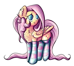 Size: 2674x2400 | Tagged: safe, artist:coco-drillo, derpibooru import, fluttershy, pegasus, pony, alternate hairstyle, blushing, chest fluff, clothes, colourful, cute, ear fluff, folded wings, grin, image, kneesocks, long mane, long tail, looking at you, nervous, nervous grin, png, ponytail, raised hoof, shyabetes, simple background, smiling, socks, solo, standing, stockings, striped socks, thigh highs, transparent background, wavy mane, wings
