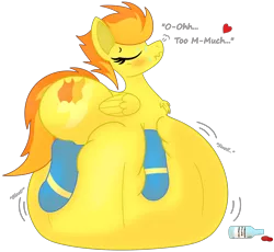 Size: 5002x4608 | Tagged: suggestive, alternate version, artist:chespi, derpibooru import, spitfire, pony, belly, belly bed, belly squish, big belly, blushing, chest fluff, clothes, cute, eyes closed, female, floating heart, growth, heart, huge belly, image, impossibly large belly, inflation, large butt, mare, png, potion, simple background, socks, solo, solo female, squishy, transparent background, unsound effect