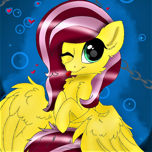 Size: 512x512 | Tagged: safe, derpibooru import, oc, oc:cutie roses, pegasus, pony, :p, blue background, bubble, bust, chest fluff, female, green eyes, heart, image, looking at you, mare, one eye closed, pegasus oc, pink mane, png, simple background, small mare, smiling, tongue out, wings, wink