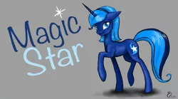 Size: 4458x2480 | Tagged: safe, artist:cvanilda, derpibooru import, oc, oc:magic star, unofficial characters only, pony, unicorn, gray background, horn, image, jpeg, raised hoof, signature, simple background, smiling, solo, unicorn oc