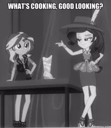 Size: 600x688 | Tagged: safe, derpibooru import, edit, edited screencap, screencap, rarity, sunset shimmer, equestria girls, equestria girls series, rarity investigates: the case of the bedazzled boot, black and white, caption, female, geode of empathy, geode of shielding, grayscale, image, image macro, jpeg, magical geodes, memeful.com, monochrome, text