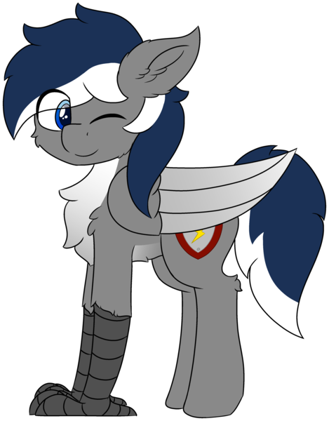 Size: 3496x4475 | Tagged: safe, artist:skylarpalette, derpibooru import, oc, oc:blitz streak, unofficial characters only, hippogriff, pony, blue eyes, blue mane, cheek fluff, chest fluff, colored, cute, ear fluff, flat colors, fluffy, gray coat, happy, hippogriff oc, image, large wings, looking back, male, one eye closed, png, simple background, smiling, stallion, standing, talons, transparent background, wings, wink