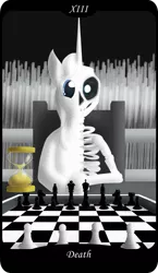 Size: 1500x2591 | Tagged: semi-grimdark, artist:sixes&sevens, derpibooru import, part of a set, oc, oc:prince omega, unofficial characters only, skeleton pony, binky, bone, chess, chessboard, chess piece, death, fence, food, grim reaper, hourglass, image, major arcana, png, skeleton, tarot card, wheat