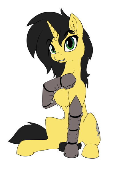 Size: 3307x4677 | Tagged: safe, artist:calena, derpibooru import, oc, oc:gadget steelmare, unofficial characters only, cyborg, pony, unicorn, derpibooru community collaboration, 2021 community collab, amputee, derpibooru exclusive, female, image, png, prosthetic limb, prosthetics, simple background, sitting, solo, transparent background