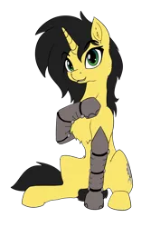 Size: 3307x4677 | Tagged: safe, artist:calena, derpibooru import, oc, oc:gadget steelmare, unofficial characters only, cyborg, pony, unicorn, derpibooru community collaboration, 2021 community collab, amputee, derpibooru exclusive, female, image, png, prosthetic limb, prosthetics, simple background, sitting, solo, transparent background