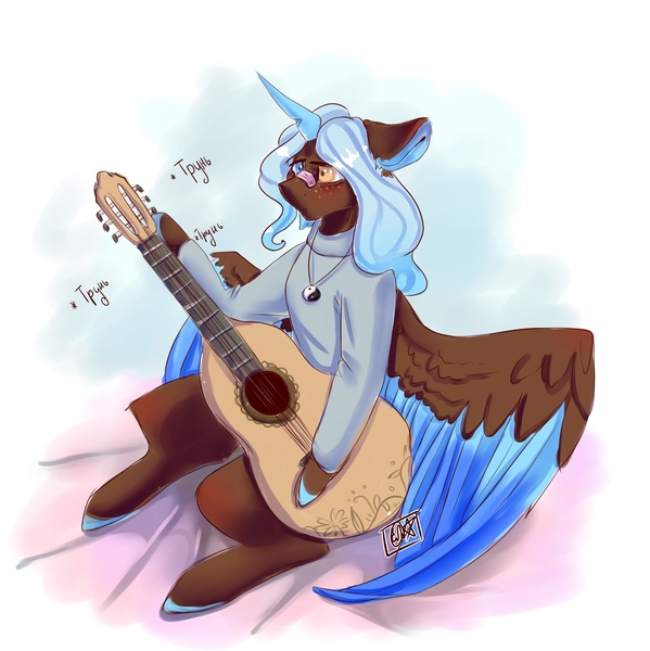 Size: 2158x2160 | Tagged: safe, artist:ellis_sunset, derpibooru import, oc, unofficial characters only, alicorn, pony, alicorn oc, bandaid, clothes, colored hooves, guitar, heterochromia, horn, image, jewelry, jpeg, musical instrument, necklace, signature, sitting, solo, two toned wings, wings, yin-yang