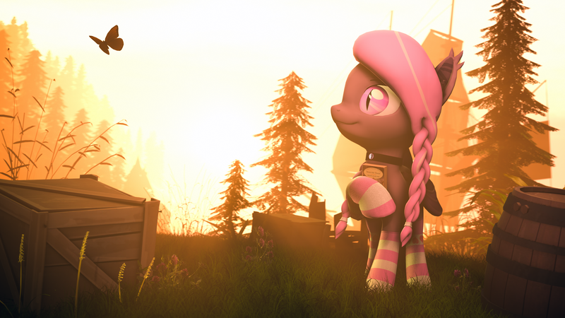 Size: 7680x4320 | Tagged: safe, artist:lagmanor, derpibooru import, oc, oc:wintergleam, unofficial characters only, bat pony, butterfly, insect, pony, 3d, barrel, bat ears, bat pony oc, bat wings, book, braid, clothes, crate, grass, holding, holding a book, image, jewelry, looking at something, necklace, pine tree, pink mane, png, sfm pony, ship, smiling, socks, solo, source filmmaker, striped socks, sunlight, sunset, tree, wings