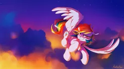 Size: 2560x1440 | Tagged: safe, artist:anticular, derpibooru import, rainbow dash, pegasus, pony, :p, blushing, chest fluff, cloud, faic, female, flying, image, jpeg, looking at you, mare, smiling, smirk, smug, smugdash, solo, spread wings, stars, tongue out, twilight (astronomy), wings