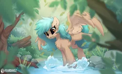 Size: 1556x940 | Tagged: safe, artist:kez, artist:rileyisherehide, derpibooru import, oc, unnamed oc, unofficial characters only, pegasus, pony, collaboration, forest, image, png, solo, splashing, tree, water