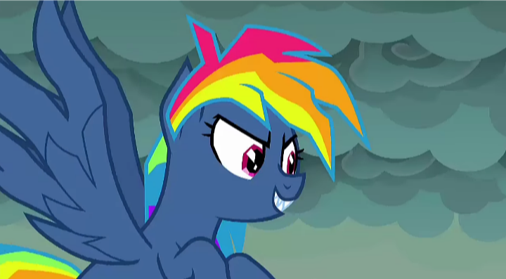 Size: 720x397 | Tagged: safe, derpibooru import, screencap, rainbow dash, pegasus, pony, secrets and pies, adorapiehater, animation error, cute, dashabetes, evil pie hater dash, fangs, female, image, layering fail, looking at something, png, smiling, solo