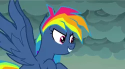 Size: 720x397 | Tagged: safe, derpibooru import, screencap, rainbow dash, pegasus, pony, secrets and pies, adorapiehater, animation error, cute, dashabetes, evil pie hater dash, fangs, female, image, layering fail, looking at something, png, smiling, solo