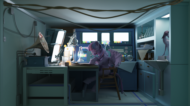 Size: 3840x2160 | Tagged: safe, artist:lemondrop, artist:oleanderthehorse, derpibooru import, twilight sparkle, twilight sparkle (alicorn), alicorn, pony, beaker, c++, chair, coffee mug, derpibooru exclusive, female, happy birthday mlp:fim, image, laboratory, lamp, microscope, mlp fim's tenth anniversary, monitor, mug, png, programming, ray tracing, raytrace, record player, solo, statue