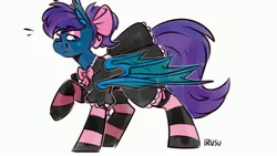 Size: 3555x2000 | Tagged: safe, artist:lrusu, derpibooru import, oc, oc:stardust, oc:stardust(cosmiceclipse), unofficial characters only, bat pony, pony, bow, clothes, crossdressing, femboy, image, jpeg, maid, male, ponytail, simple background, socks, solo, stallion, striped socks, white background