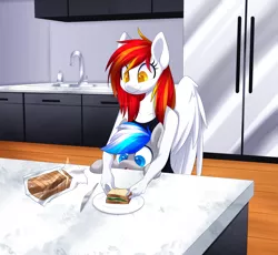 Size: 3000x2756 | Tagged: safe, artist:scarlet-spectrum, derpibooru import, oc, oc:diamond sun, oc:hawker hurricane, anthro, pegasus, pony, series:pet hawk, anthro with ponies, bread, commission, female, food, hawkmond, image, kitchen, knife, male, mare, png, refrigerator, sandwich, sink, stallion, toast