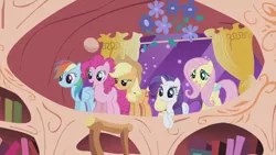 Size: 1920x1080 | Tagged: safe, derpibooru import, screencap, applejack, fluttershy, pinkie pie, rainbow dash, rarity, earth pony, pegasus, pony, unicorn, season 1, the ticket master, animation error, female, golden oaks library, group, image, library, looking down, mare, night, png, weird description