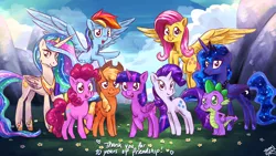 Size: 2560x1440 | Tagged: safe, artist:the-barinade, derpibooru import, applejack, fluttershy, pinkie pie, princess celestia, princess luna, rainbow dash, rarity, spike, twilight sparkle, twilight sparkle (alicorn), alicorn, earth pony, pegasus, pony, unicorn, cloud, cloudy, cute, flower, flying, foliage, grass, grass field, group, group photo, group shot, happy, happy birthday mlp:fim, image, looking at you, mane seven, mane six, mlp fim's tenth anniversary, mountain, mountain range, png, pose, scenery, smiling, smirk