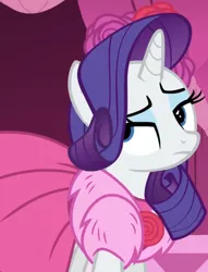 Size: 964x1259 | Tagged: safe, derpibooru import, screencap, rarity, pony, unicorn, no second prances, carousel boutique, clothes, cropped, dress, eyeroll, female, flower, image, jewelry, mare, necklace, png, rarity is not amused, rose, solo, unamused