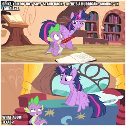 Size: 1000x1000 | Tagged: safe, derpibooru import, edit, edited screencap, screencap, spike, twilight sparkle, alicorn, dragon, inspiration manifestation, annoyed, bed, book, disaster, golden oaks library, hurricane, image, insensitivity, library, messy mane, png, quill, reference, the hurricane, twilight is not amused, twilight sparkle (alicorn), unamused, wwe, wwf