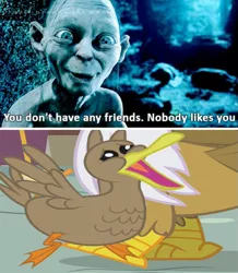 Size: 735x841 | Tagged: safe, derpibooru import, gilda, bird, duck, griffon the brush off, crossover, gollum, image, op, op is a duck, op is a duck (reaction image), op is a literal duck, png