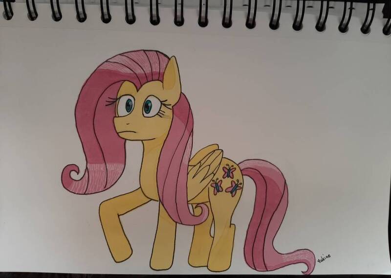 Size: 1008x716 | Tagged: safe, artist:yukine001, derpibooru import, fluttershy, pegasus, pony, cute, female, image, jpeg, mare, shyabetes, solo, standing, traditional art, wings