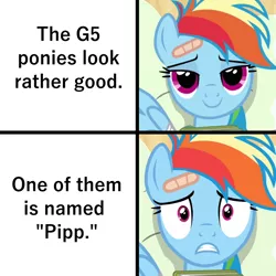 Size: 1200x1200 | Tagged: safe, derpibooru import, rainbow dash, pegasus, pony, fallout equestria, read it and weep, female, g5, image, implied littlepip, implied pipp, meme, png, realization, solo, teeth, uh oh