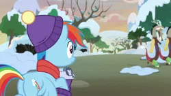 Size: 1280x720 | Tagged: safe, derpibooru import, screencap, discord, rainbow dash, draconequus, pegasus, pony, best gift ever, butt, clothes, duo, female, hat, holding hands, image, male, mare, plot, png, rainbutt dash, sad, scarf, self paradox, surprised, walking, winter hat, winter outfit, winter scarf