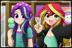 Size: 4096x2697 | Tagged: safe, artist:kittyrosie, derpibooru import, starlight glimmer, sunset shimmer, equestria girls, mirror magic, spoiler:eqg specials, anime, beanie, blushing, breasts, cleavage, cute, duo, female, food, glimmerbetes, hat, human coloration, ice cream, image, jpeg, messy, open mouth, peace sign, selfie, shimmerbetes