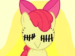 Size: 960x720 | Tagged: safe, artist:angrymetal, derpibooru import, apple bloom, earth pony, pony, .exe, 1000 hours in ms paint, bow, female, filly, hair bow, image, png, smiling, stitched eyes, stitches, why