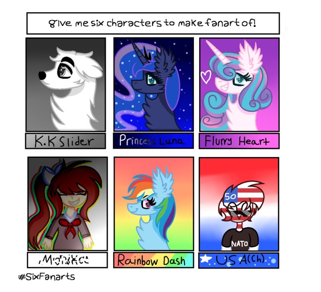 Size: 1336x1216 | Tagged: safe, artist:asthethicwave, derpibooru import, princess flurry heart, princess luna, rainbow dash, alicorn, dog, human, pegasus, pony, six fanarts, animal crossing, bust, chest fluff, clothes, countryhumans, crossover, doki doki literature club, ethereal mane, female, image, k.k. slider, mare, missing accessory, monika, png, simple background, smiling, starry mane, transparent background, united states