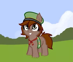 Size: 781x659 | Tagged: safe, artist:neuro, derpibooru import, oc, oc:honour bound, unofficial characters only, earth pony, pony, fanfic:everyday life with guardsmares, 4chan, earth pony oc, everyday life with guardsmares, female, filly, girl scout, girl scout uniform, hat, image, png, sash, smiling